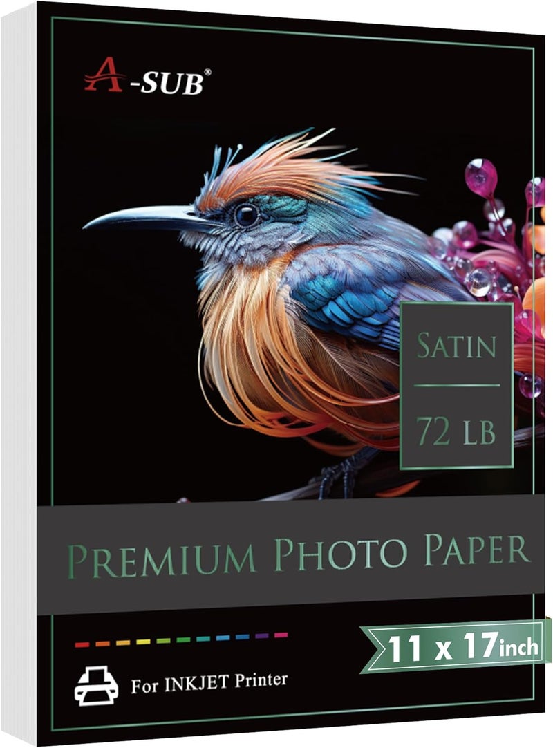 A-SUB Premium Photo Paper Satin 11x17 72lb for Inkjet Printers 50 Sheets, Single Sided - Image 1